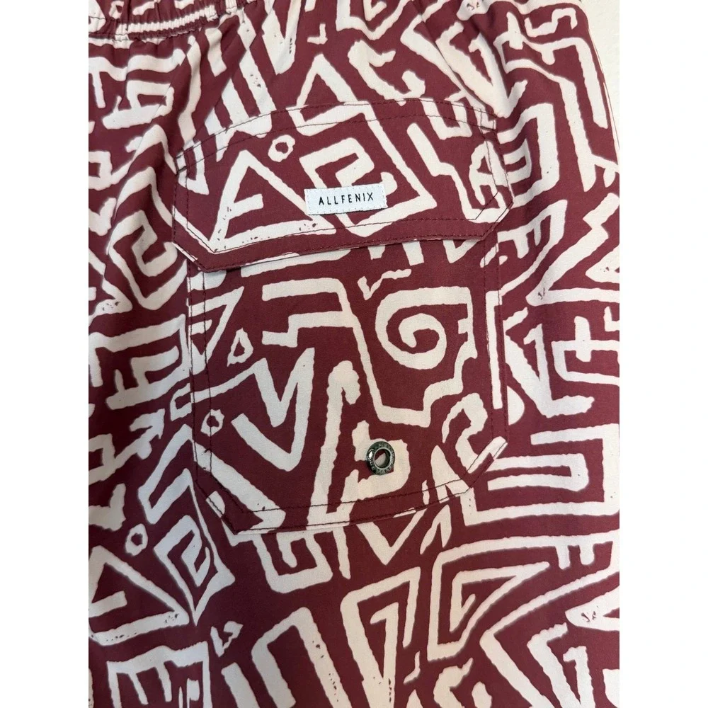 Allfenix Men's Burgundy Geometric Tribal Print Swim Trunks‎ Board Shorts Large